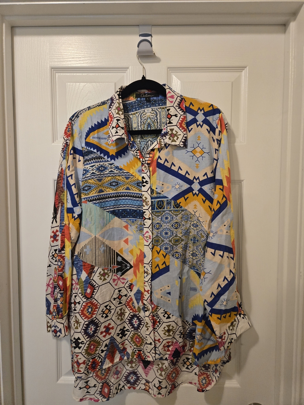 Relaxed Geometric Print Button-Up Blouse - Yellow & Blue Multi